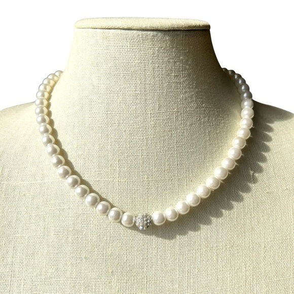 Rhinestone Accented White Pearl Necklace - Picture 1 of 6